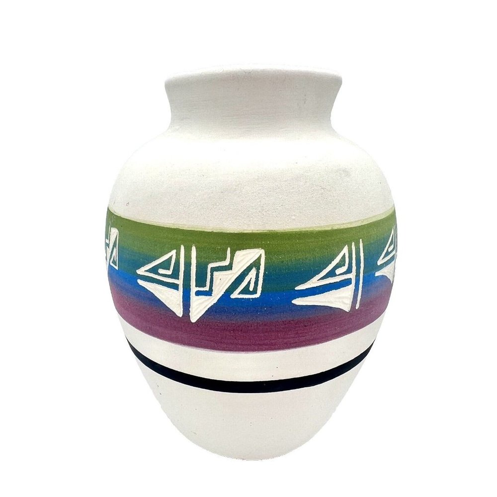 Navajo Hand Etched Pottery Vase Colorful Native American Signed Southwest 5.5" - Picture 4 of 7